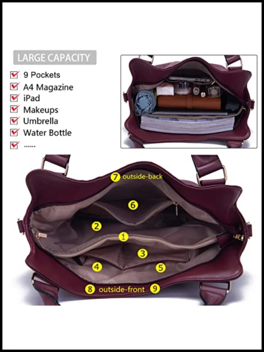 Large Hobo Crossbody Handbag Set 4pcs Soft PU Leather Detachable Strap 9 Pockets